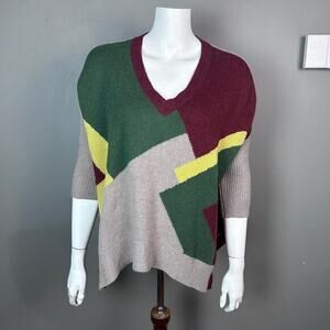 White + Warren sweater small cashmere boxy graphic v-neck gray green‎ yellow